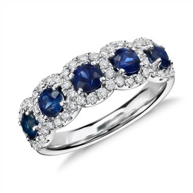 Sapphire and Diamond Halo Ring in 18k White Gold (3.6mm)
