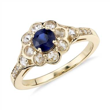 Sapphire and Diamond Halo Rose Cut Floral Ring in 18k Yellow Gold (5mm)
