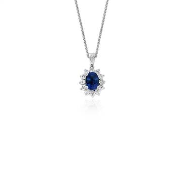 Sapphire and Diamond Pendant in 18k White Gold (8x6mm)