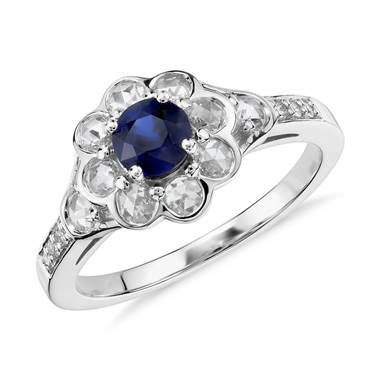 Sapphire and Diamond Rose Cut Floral Halo Ring in 18k White Gold (5mm)