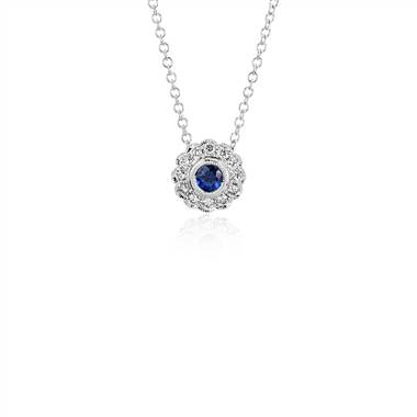 Sapphire and Diamond Vintage-Inspired Fiore Pendant in 14k White Gold (3.5mm)