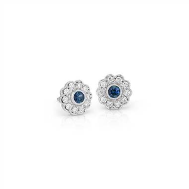 "Sapphire and Diamond Vintage-Inspired Fiore Stud Earrings in 14k White Gold (3mm)"