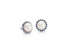 Sapphire and Freshwater Cultured Pearl Halo Stud Earrings In 14k White Gold (7mm) | Blue Nile