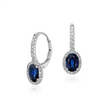 Sapphire and Micropave Diamond Halo Drop Earrings in 14k White Gold (7x5mm) | Blue Nile