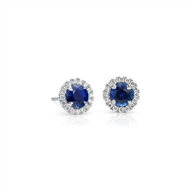 "Sapphire and Micropave Diamond Halo Stud Earrings in 18k White Gold (5mm) "