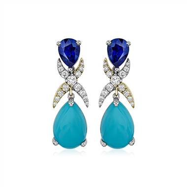 Sapphire and Turquoise Earrings with Diamond Details in 18k White and Yellow Gold
