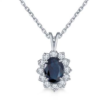 Sapphire Oval Pendant Necklace with Starburst Diamond Halo in 14K White Gold (8x6mm)