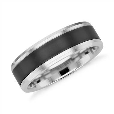 "Satin Finish Wedding Ring in Black Titanium and 14k White Gold (7mm)"