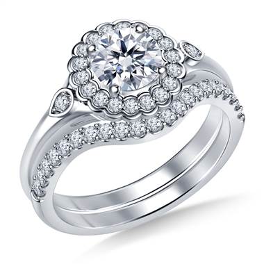 Scalloped Halo Floral Diamond Ring with Matching Band in 14K White Gold