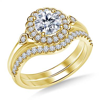 Scalloped Halo Floral Diamond Ring with Matching Band in 14K Yellow Gold