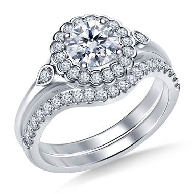 Scalloped Halo Floral Diamond Ring with Matching Band in 18K White Gold