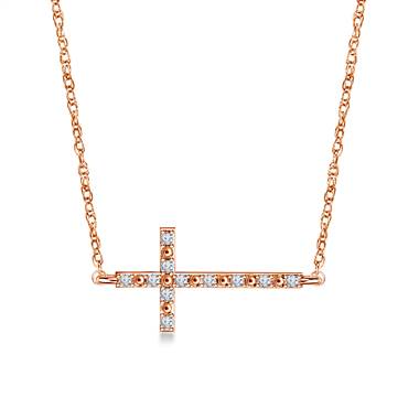 Sideways Diamond Cross pendant in 14K Rose Gold