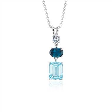 "Sky Blue Topaz, London Blue Topaz and White Sapphire Tower Pendant in Sterling Silver"