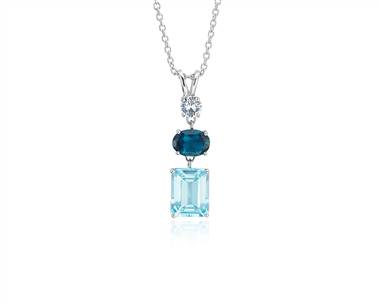 Sky Blue Topaz, London Blue Topaz and White Sapphire Tower Pendant Necklace In Sterling Silver