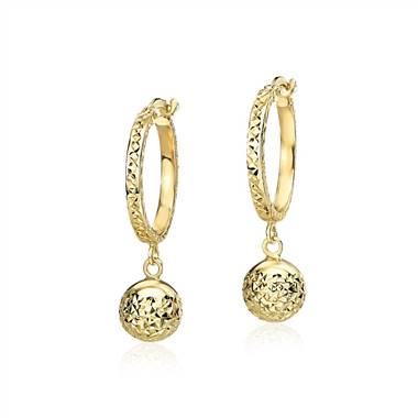 "Small Textured Hoop Earrings with Bead Drop in 14k Yellow Gold (5/8")"