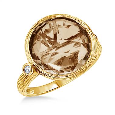 Smoky Topaz Bezel Gemstone Ring with Texture in 14K Yellow Gold (12mm)