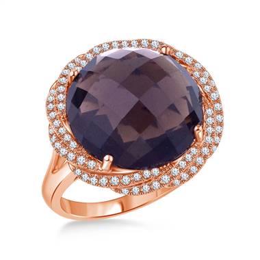 Smoky Topaz Faceted Gemstone Diamond Halo Ring in 14K Rose Gold (11mm)