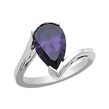 Solitaire Pear Genuine Amethyst and 14K White Gold Ring (6x4mm)