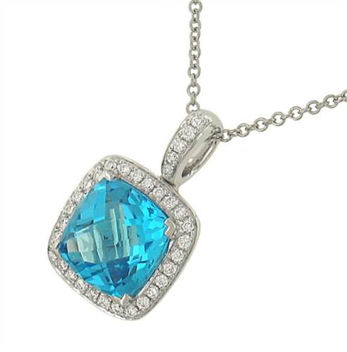 Solomon P467-BT Halo Style Blue Topaz and Pave Diamond Pendant