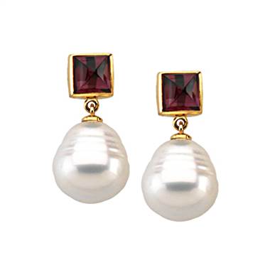 South Sea Cultured Circle Pearl & Genuine Rhodolite Garnet Earrings in 14K Yellow Gold