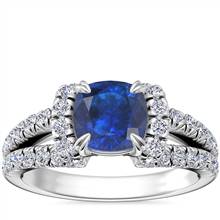 "Split Semi Halo Diamond Engagement Ring with Cushion Sapphire in Platinum (6mm)" | Blue Nile
