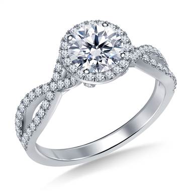 Split Shank Diamond Halo Engagement Ring in 18K White Gold