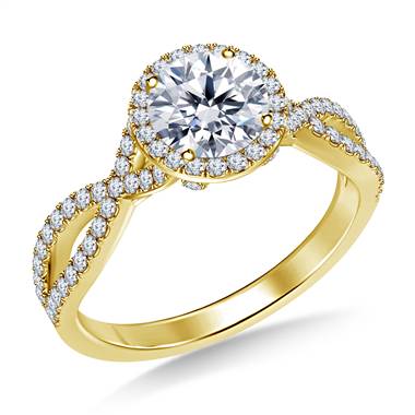 Split Shank Diamond Halo Engagement Ring in 18K Yellow Gold