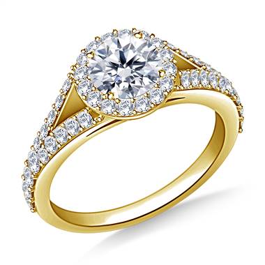 Split Shank Halo Diamond Engagment Ring in 14K Yellow Gold