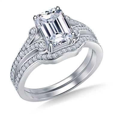 Split Shank Scrolled Diamond Vintage Diamond Ring with Matching Band in 14K White Gold