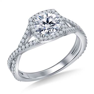 Split Shank Twist Diamond Halo Engagement Ring in 14K White Gold