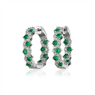 Staggered Emerald and Diamond Hoop Earrings in 14k White Gold