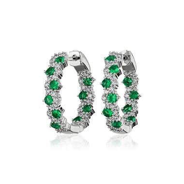 Staggered Emerald and Diamond Hoop Earrings in 14k White Gold