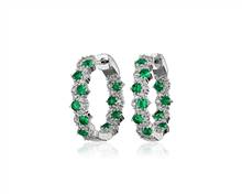 Staggered Emerald and Diamond Hoop Earrings In 14k White Gold | Blue Nile