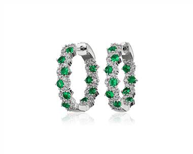 Staggered Emerald and Diamond Hoop Earrings In 14k White Gold