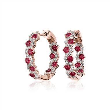 Staggered Ruby and Diamond Hoop Earrings in 14k Rose Gold