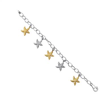 Star Fish Charm Link Bracelet in Sterling Silver And 14K Yellow Gold