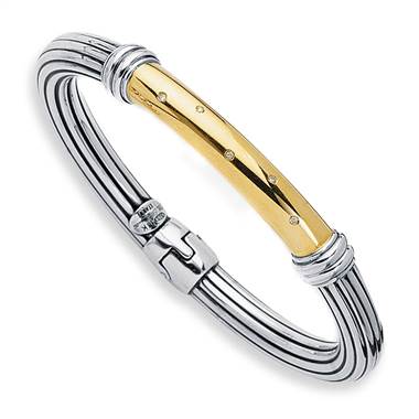 Sterling Silver Bangle Bracelet With 18K Yellow Gold And Diamonds
