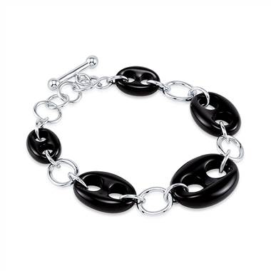 Sterling Silver Genuine Carved Onyx Link Bracelet with Toggle Clasp