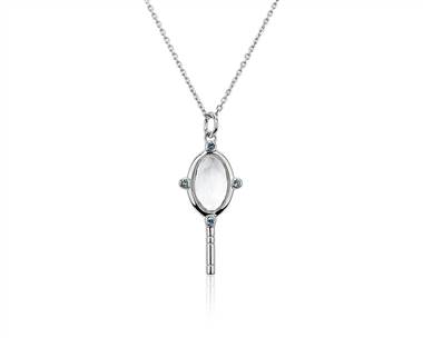Sterling Silver Mini Pocketwatch Key Pendant Necklace With Blue Topaz