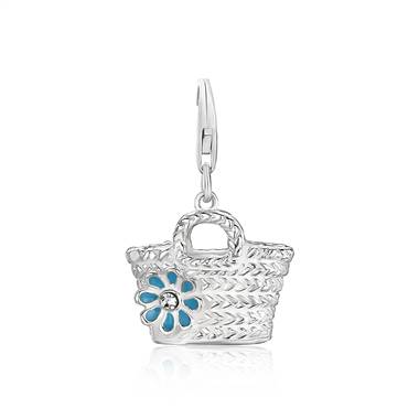Straw Tote Bag Charm with Enamel in Sterling Silver