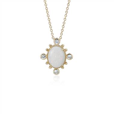 "Sunburst Opal and White Sapphire Pendant in 14k Yellow Gold (10x8 mm)"