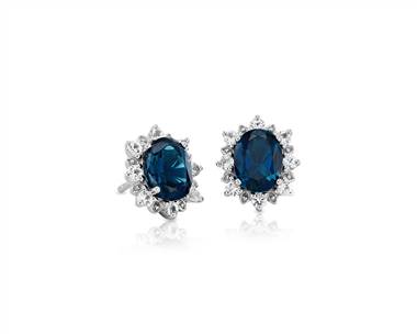 Sunburst Oval London Blue Topaz Stud Earrings In Sterling Silver (8X6mm)