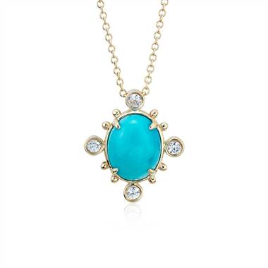 Sunburst Turquoise and White Sapphire Pendant in 14k Yellow Gold (10x8 mm)