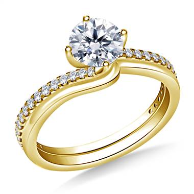 Swirl Style Solitaire Engagement Ring With Matching Band in 14K Yellow Gold