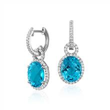 Swiss Blue Topaz and White Sapphire Halo Oval Drop Earrings in Sterling Silver (10x8mm) | Blue Nile