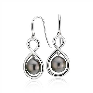 "Tahitian Cultured Pearl Infinity Drop Earrings in Sterling Silver (8-9mm)"