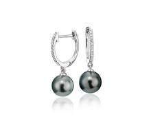 Tahitian Pearl Earrings With Diamond Hoops In 18k White Gold (8-9mm) | Blue Nile