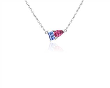Tanzanite and Pink Tourmaline Two Stone Pendant Necklace In 14k White Gold