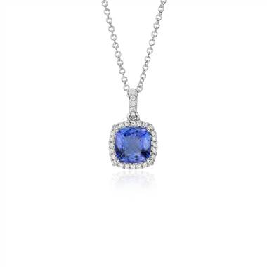 Tanzanite Cushion and Diamond Halo Pendant in 14k White Gold (7x7mm)