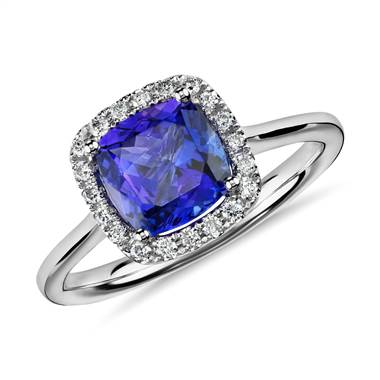 Tanzanite Cushion and Diamond Halo Ring in 14k White Gold (7x7mm)